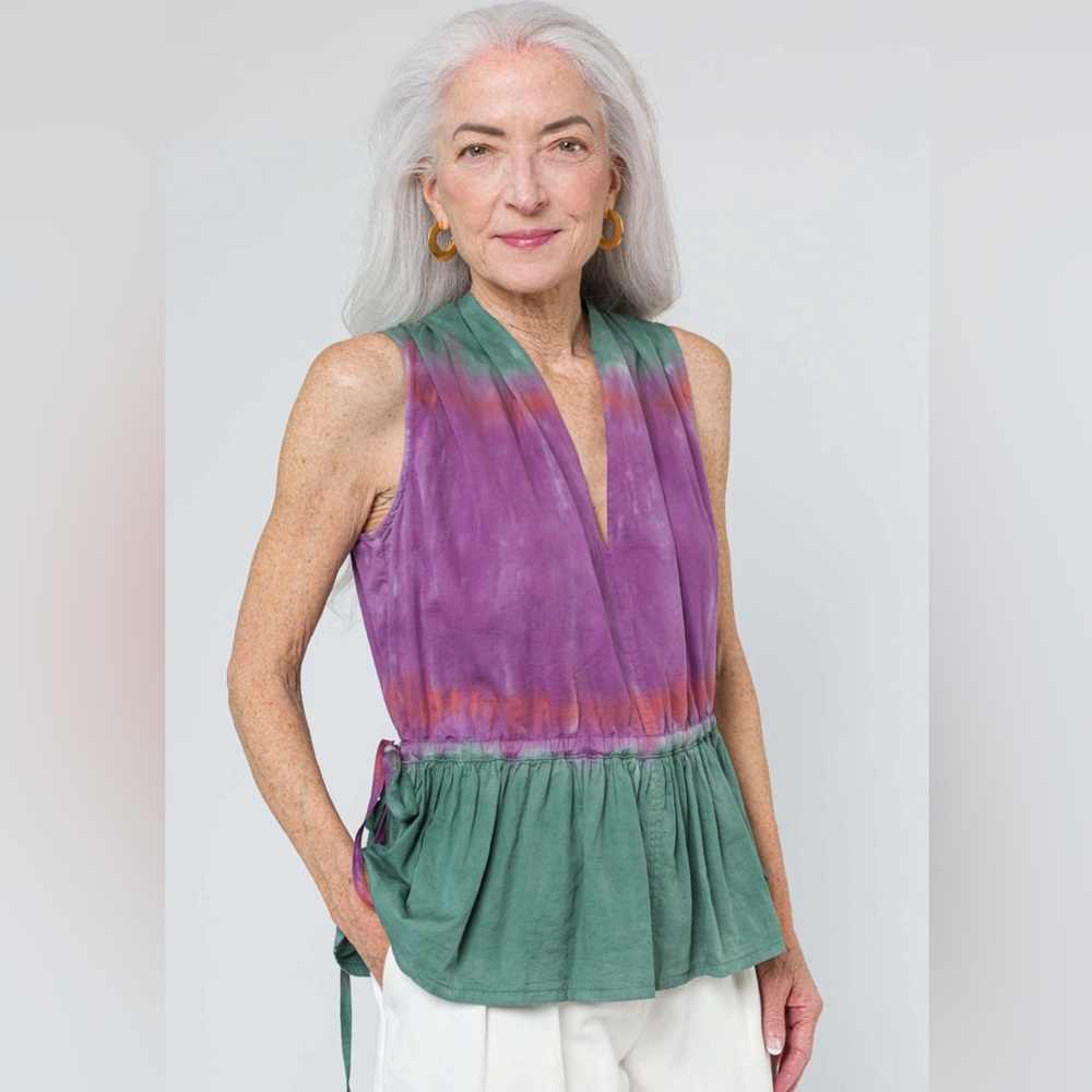 Raquel Allegra Daydream Top Size S Sleeveless Fantasy Tiger Tie Dye Green Purple - Picture 5 of 16